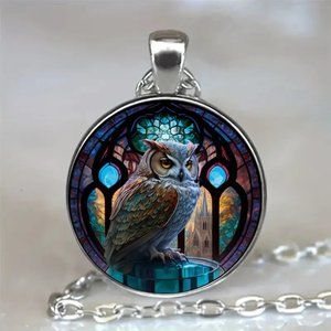 Silver OWL Glass Cabochon Pendant Necklace